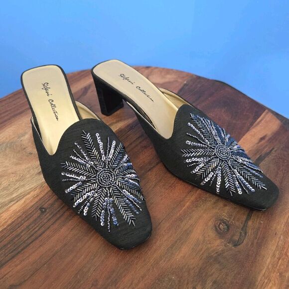 RARE Stefani Collection Beaded Silk Dress Mules Women's US8 Feather Design Black - Picture 12 of 13